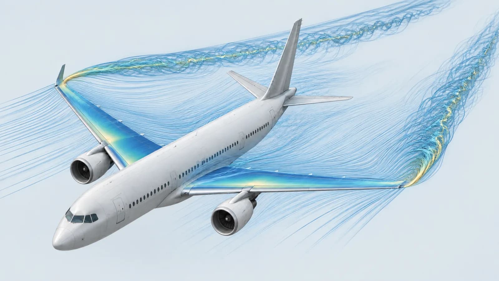 Airliner with resolved wingtip vortices and streamlines over the wings