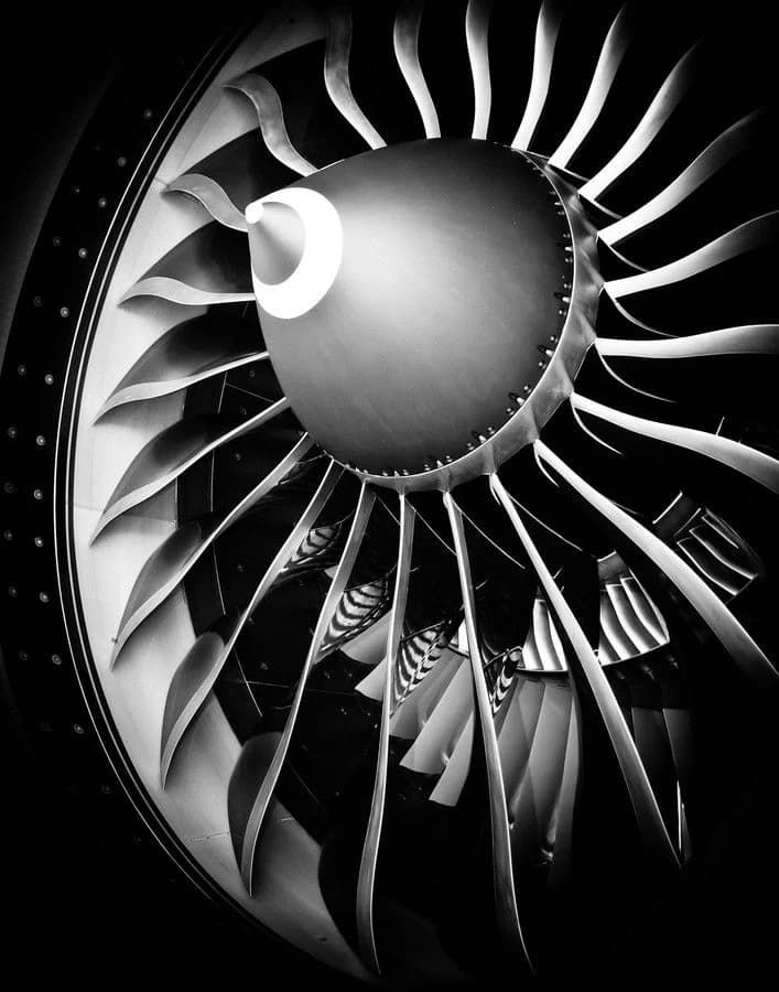 Close-up of the fan blades of a jet engine